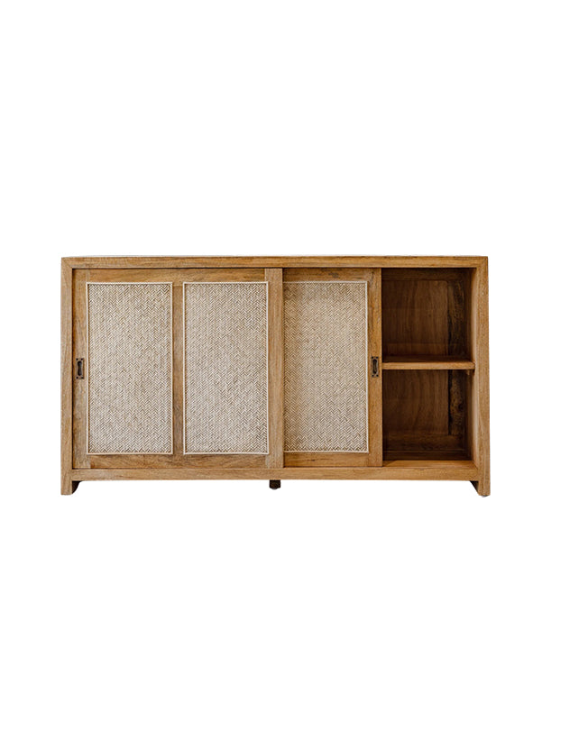 Wooden cabinet with woven doors on a white background