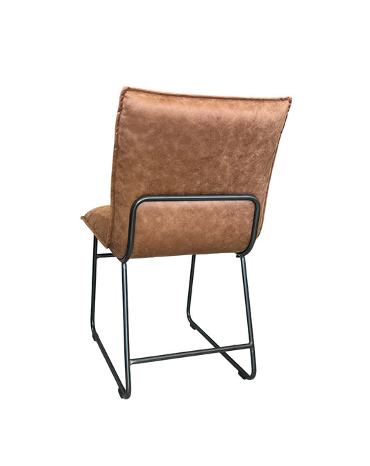 Brown leather chair with black metal frame on a white background
