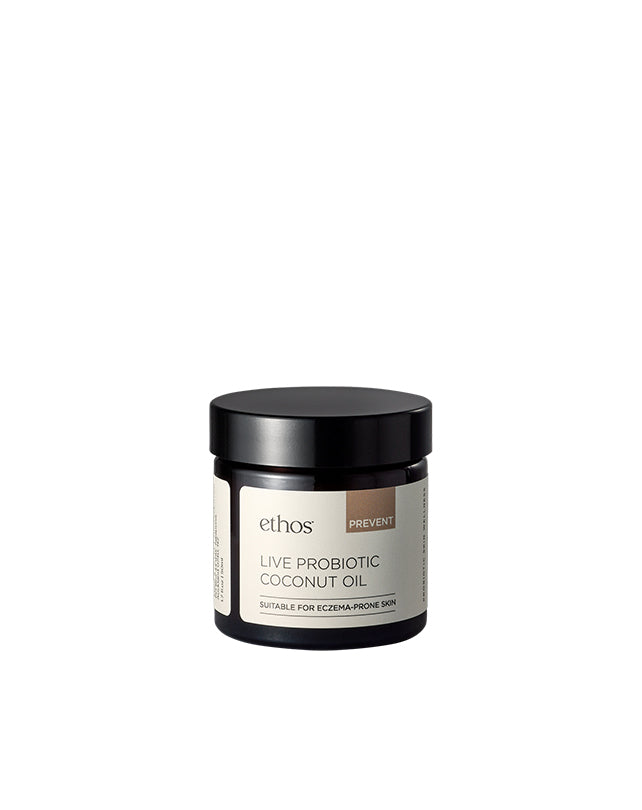 Jar of ethos Live Probiotic Coconut Oil on a white background