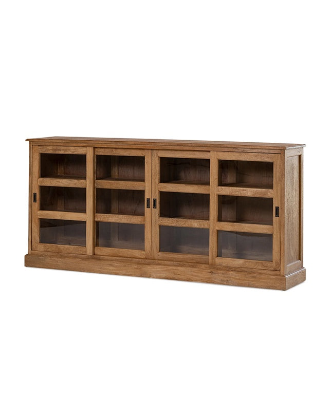 Wooden entertainment console with glass doors on a white background