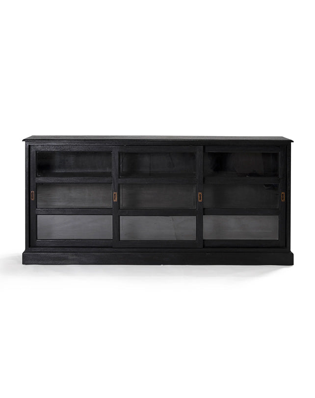 Black entertainment console with glass doors on a white background