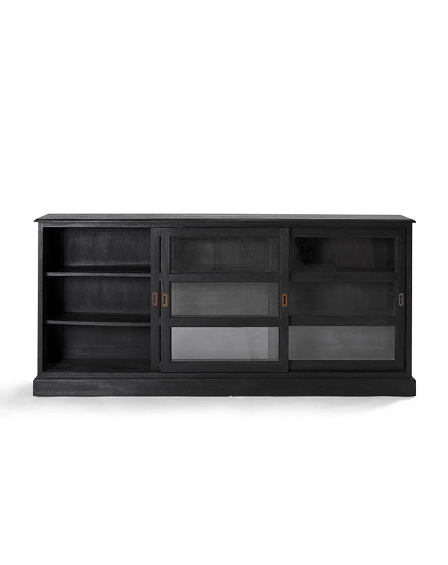 Black entertainment console with glass panels on a white background