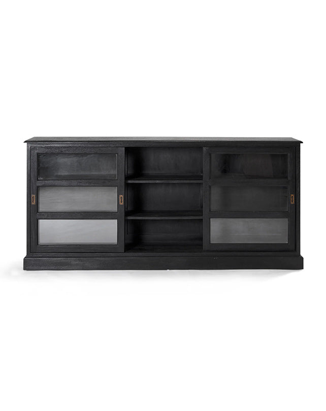 Black entertainment console with glass panels on a white background