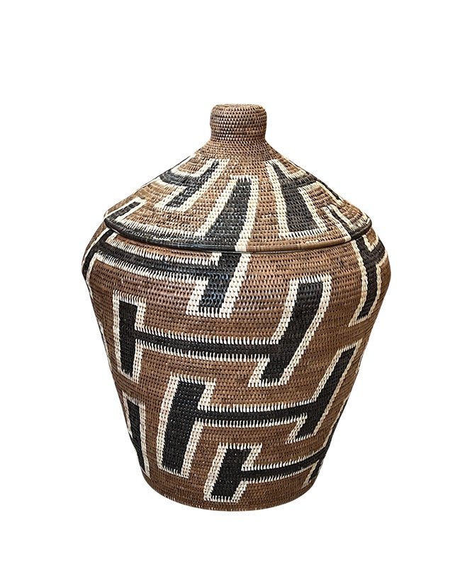 African Tribal Motif Basket w/lid - Brown w/Black & Cream Pattern - Homewares - Republic Home