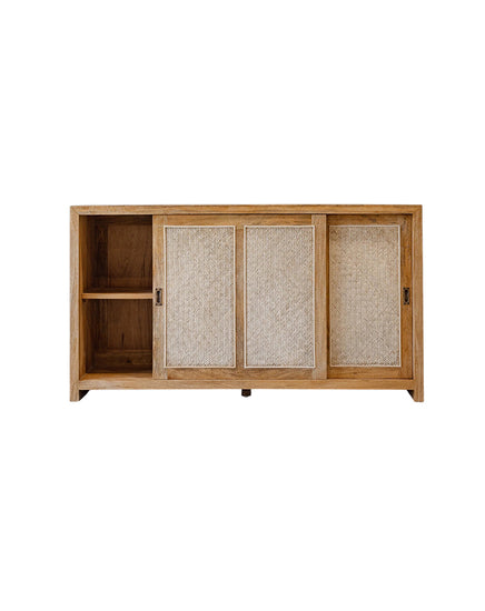 Wooden cabinet with three sliding doors on a white background