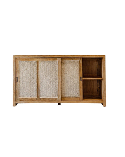 Wooden cabinet with woven doors on a white background