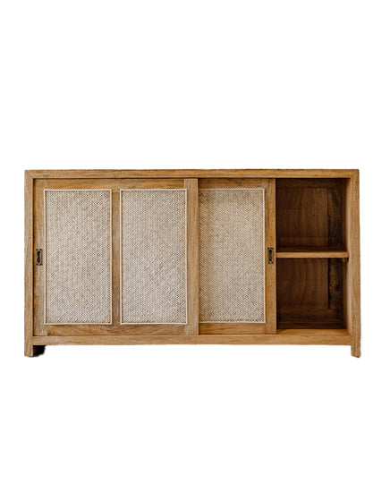 Wooden cabinet with woven doors on a white background