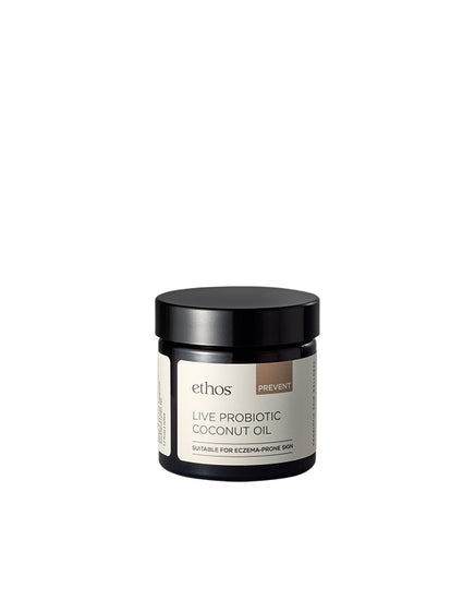 Jar of ethos Live Probiotic Coconut Oil on a white background