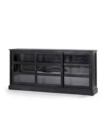 Black entertainment console with glass doors on a white background