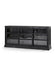 Black entertainment console with glass doors on a white background