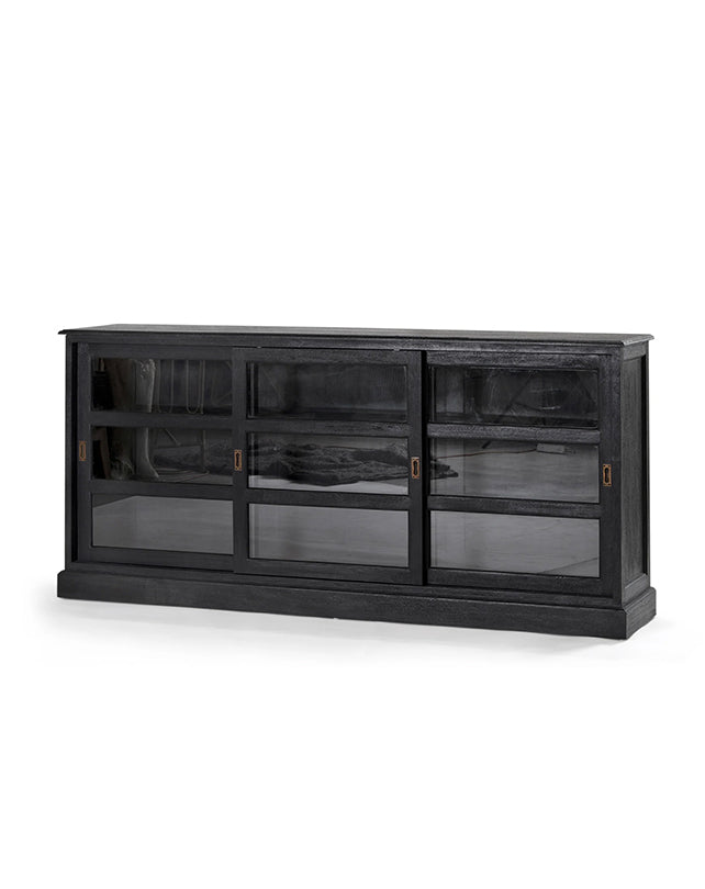 Black entertainment console with glass doors on a white background