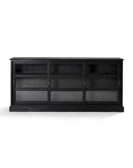 Black entertainment console with glass doors on a white background