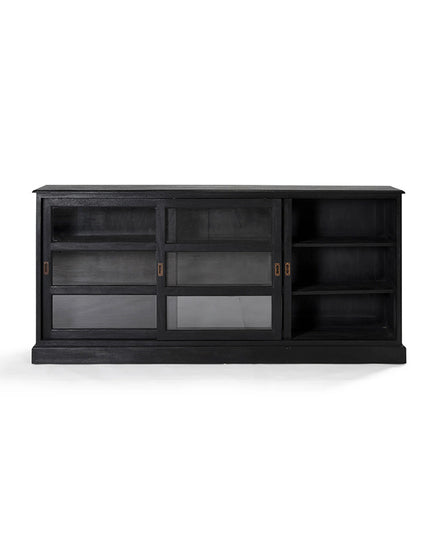 Black entertainment console with glass panels on a white background