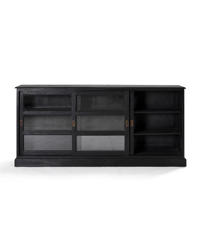Black entertainment console with glass panels on a white background