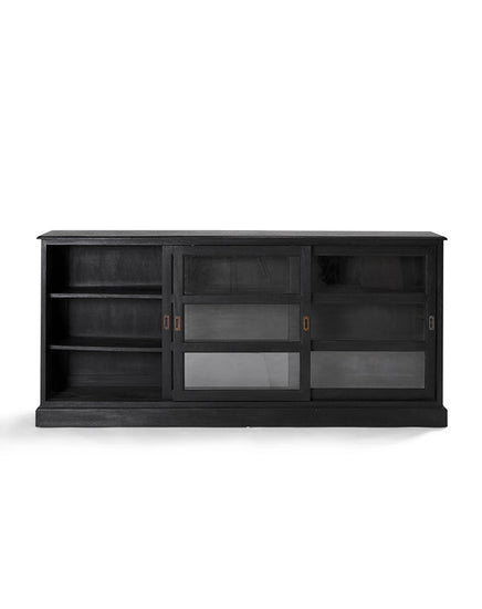 Black entertainment console with glass panels on a white background