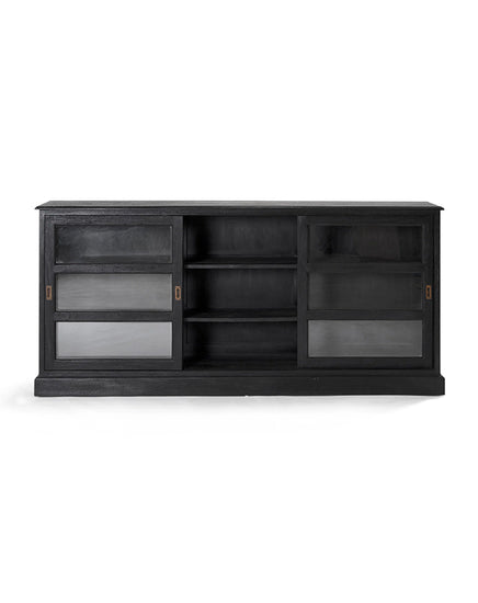 Black entertainment console with glass panels on a white background
