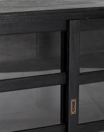 Dark wooden cabinet with a metal handle on a gray background