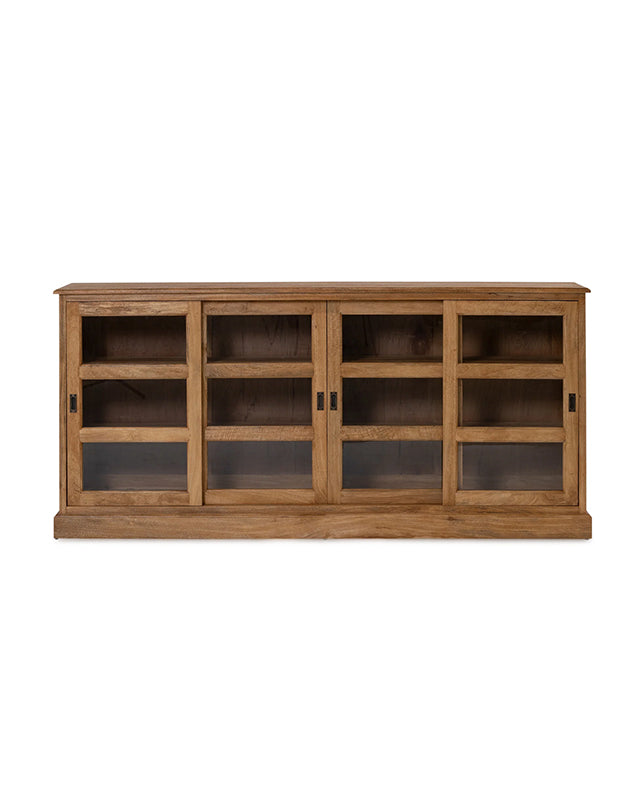 Wooden entertainment console with glass doors on a white background