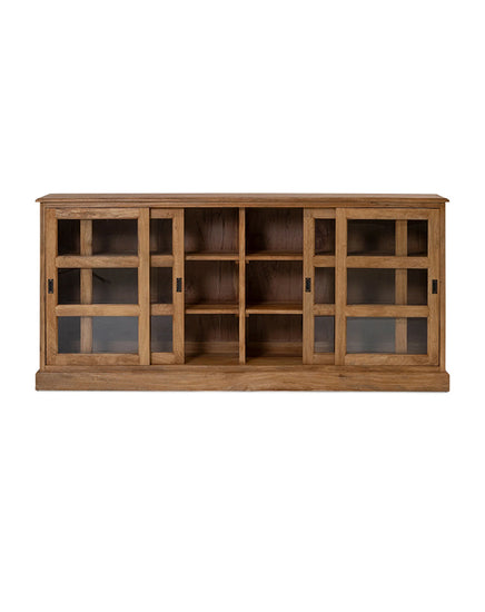 Wooden entertainment console with glass doors on a white background