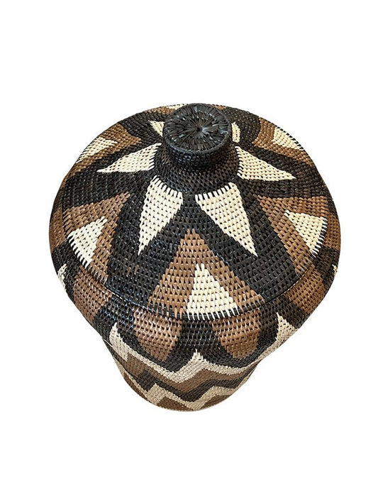 African Tribal Motif Basket w/lid - Black, Brown & Cream Zigzag - Homewares - Republic Home