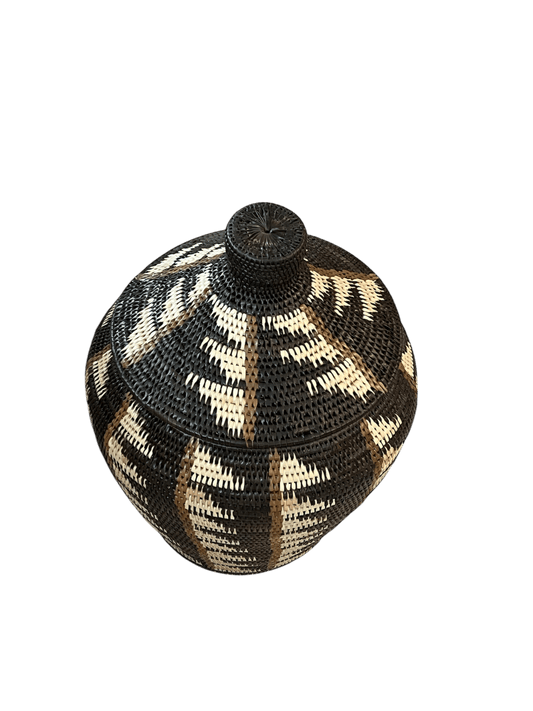 African Tribal Motif Basket w/lid - Black, Cream & Brown Ladder Pattern - Homewares - Republic Home