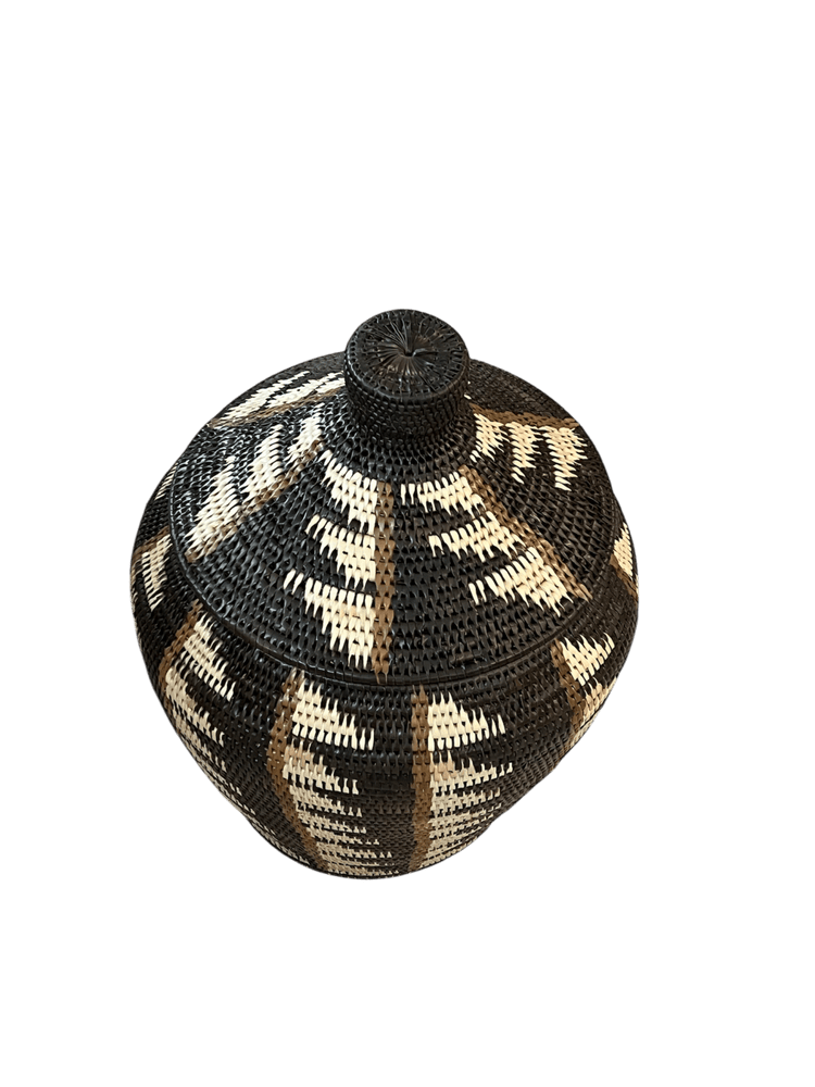 African Tribal Motif Basket w/lid - Black, Cream & Brown Ladder Pattern - Homewares - Republic Home