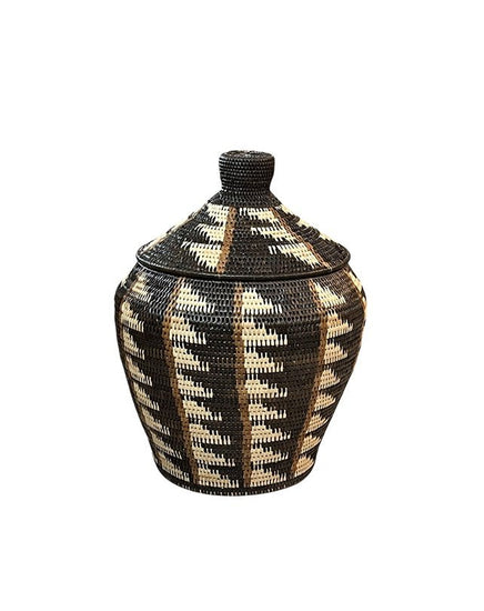 African Tribal Motif Basket w/lid - Black, Cream & Brown Ladder Pattern - Homewares - Republic Home