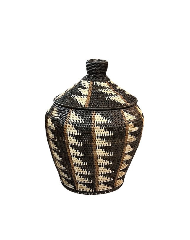 African Tribal Motif Basket w/lid - Black, Cream & Brown Ladder Pattern - Homewares - Republic Home