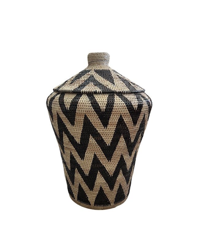 African Tribal Motif Basket w/lid - Black & Cream Zigzag - Homewares - Republic Home