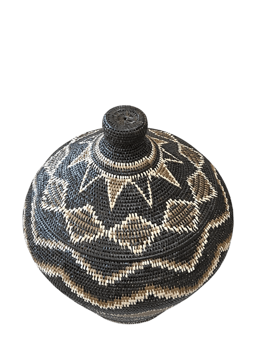 African Tribal Motif Basket w/lid - Black with Brown & Cream Diamonds & Zigzag - Homewares - Republic Home