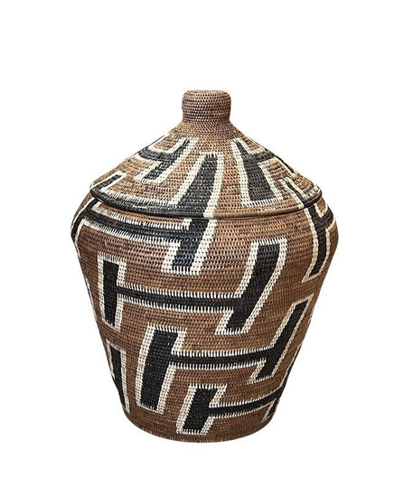 African Tribal Motif Basket w/lid - Brown w/Black & Cream Pattern - Homewares - Republic Home
