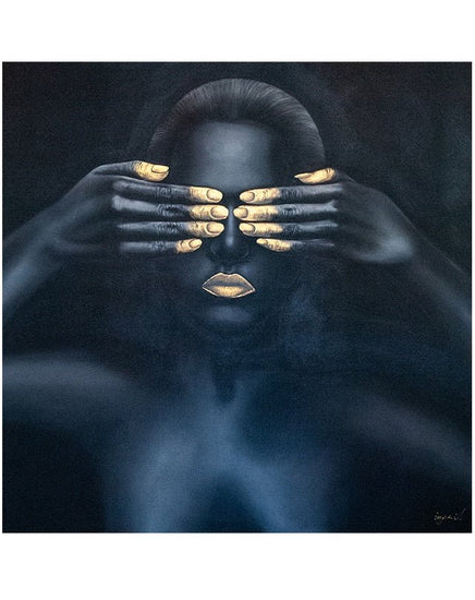 Gold Fingertips in Front of Face Black & Gold Painting - 140x140 - Homewares - Republic Home