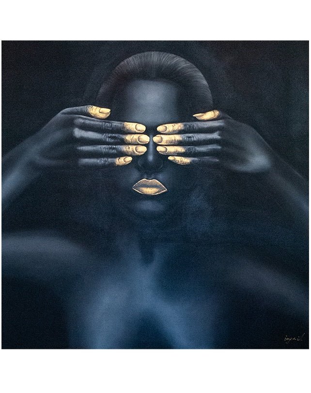 Gold Fingertips in Front of Face Black & Gold Painting - 140x140 - Homewares - Republic Home